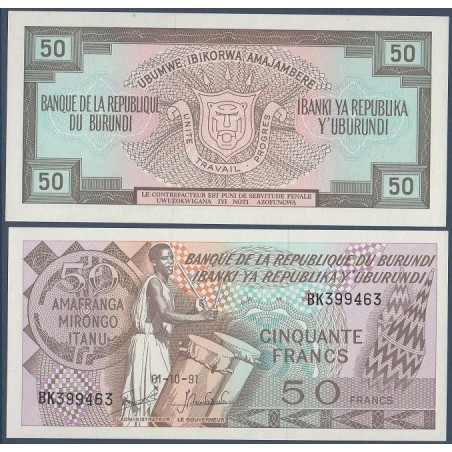 Burundi P.28c, Neuf, Billet de 50 Francs 1988-1993 musicien