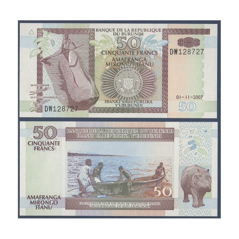 Burundi P.36g, Neuf, Billet de 50 Francs 2007 hippopotame