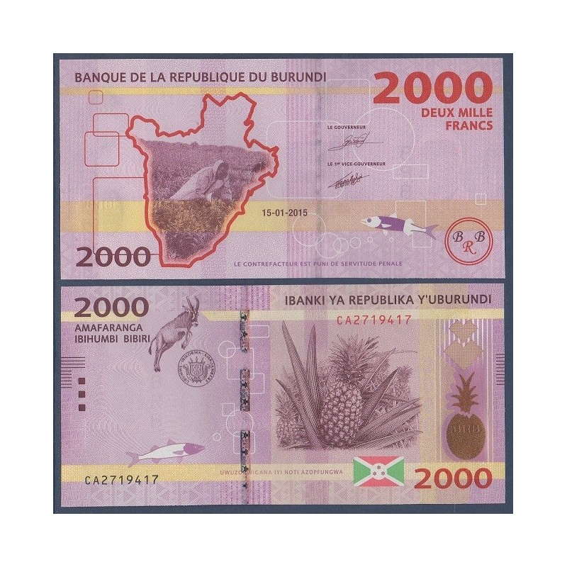 Burundi P.52a, Neuf, Billet de 2000 Francs 2015 ananas