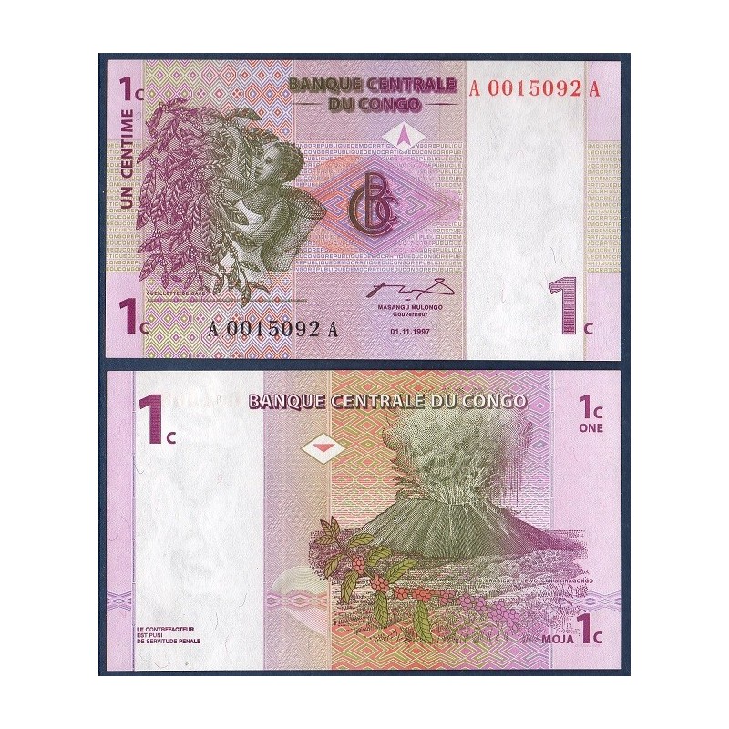 Congo P.80a, Neuf, Billet de 1 centime 1997 Nyiragongo