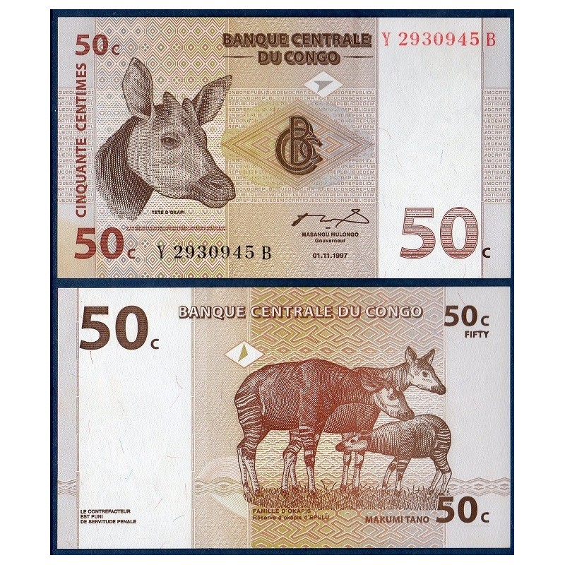 Congo P.84A, Neuf, Billet de 50 centimes 1997 Okapis