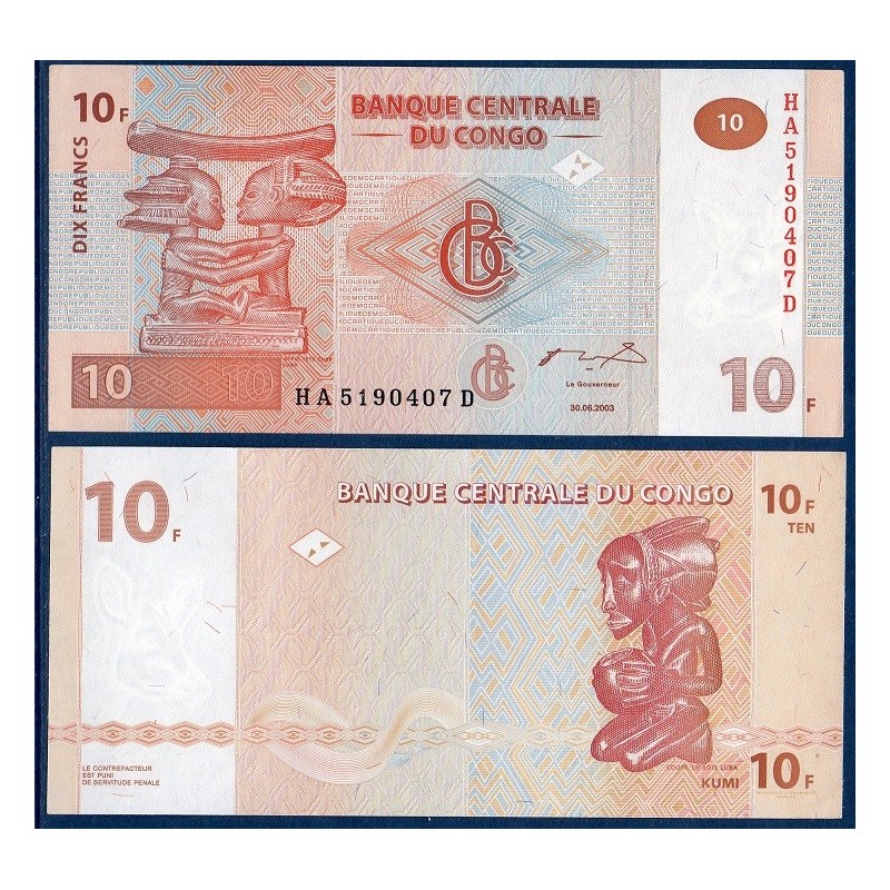 Congo P.93a, Neuf, Billet de 10 Francs 2003 sculture Luba