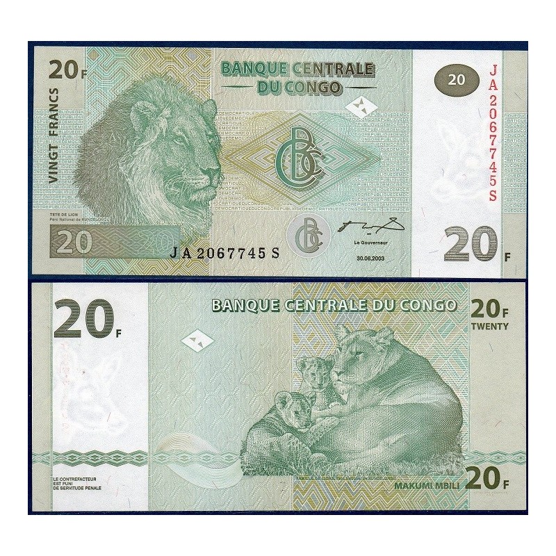 Congo P.94a, Neuf, Billet de 20 Francs 2003 lionne lionceaux