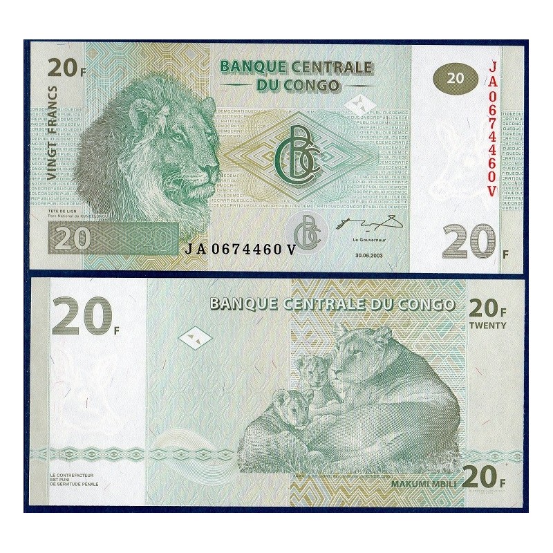 Congo P.94A, Neuf, Billet de 20 Francs 2003 Lion