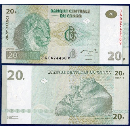 Congo P.94A, Neuf, Billet de 20 Francs 2003 Lion