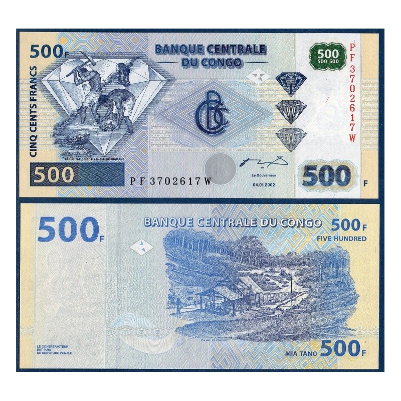 Congo P.96B, Neuf, Billet de 500 Francs 2002 Exploitation diamants