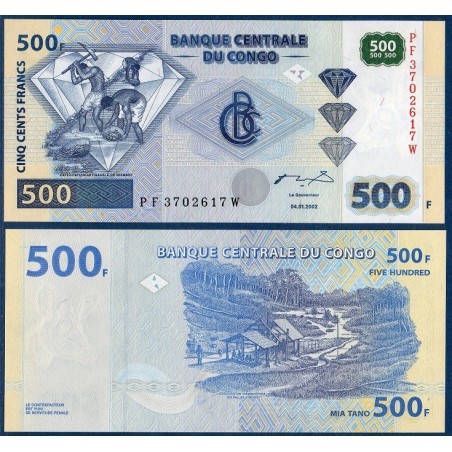 Congo P.96B, Neuf, Billet de 500 Francs 2002 Exploitation diamants