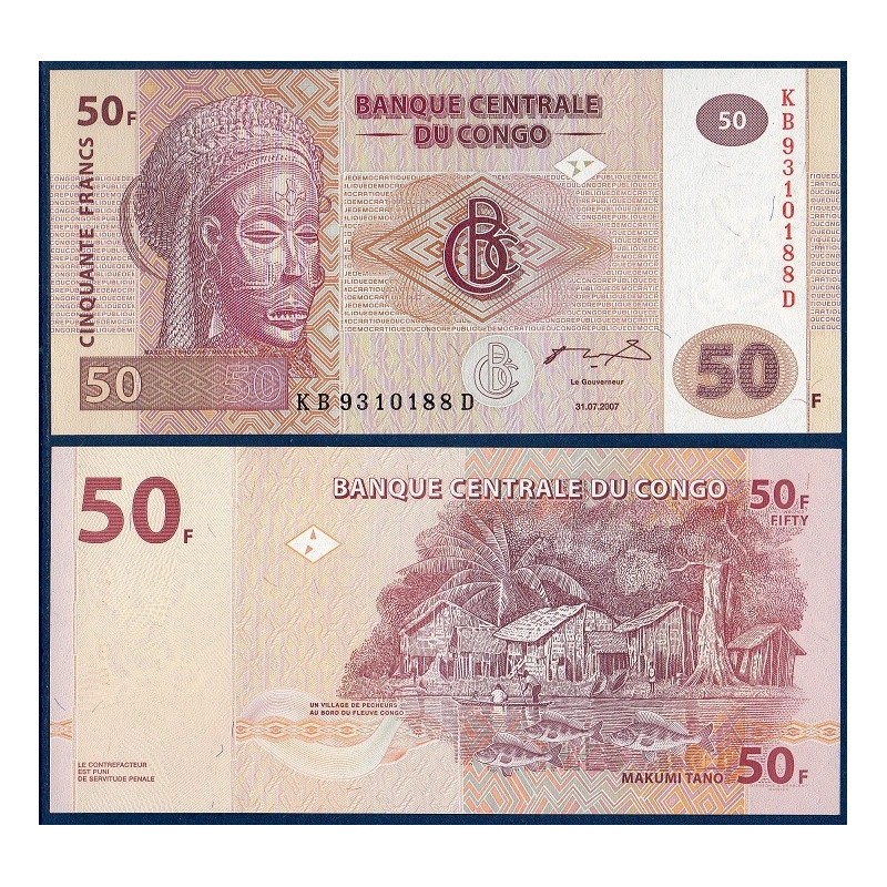 Congo P.97a, Neuf, Billet de 50 Francs 2007 Masque Tshokwe