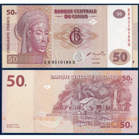 Congo P.97a, Neuf, Billet de 50 Francs 2007 Masque Tshokwe