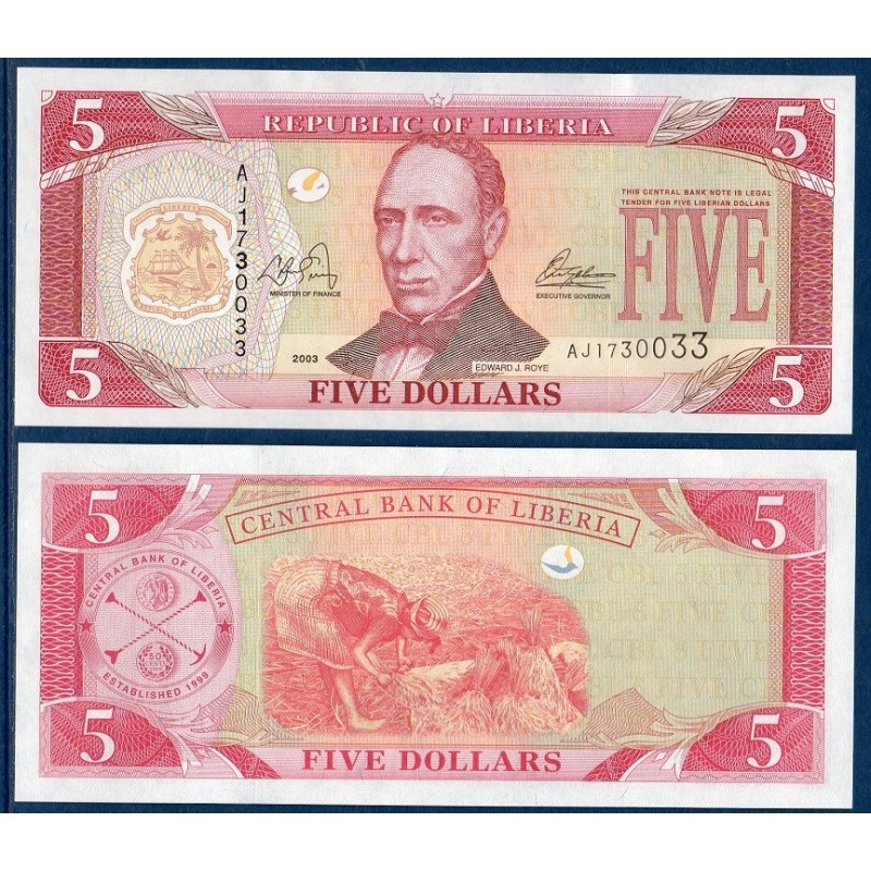 Liberia P.26a, Neuf, Billet de 5 Dollars 2003 Récolte