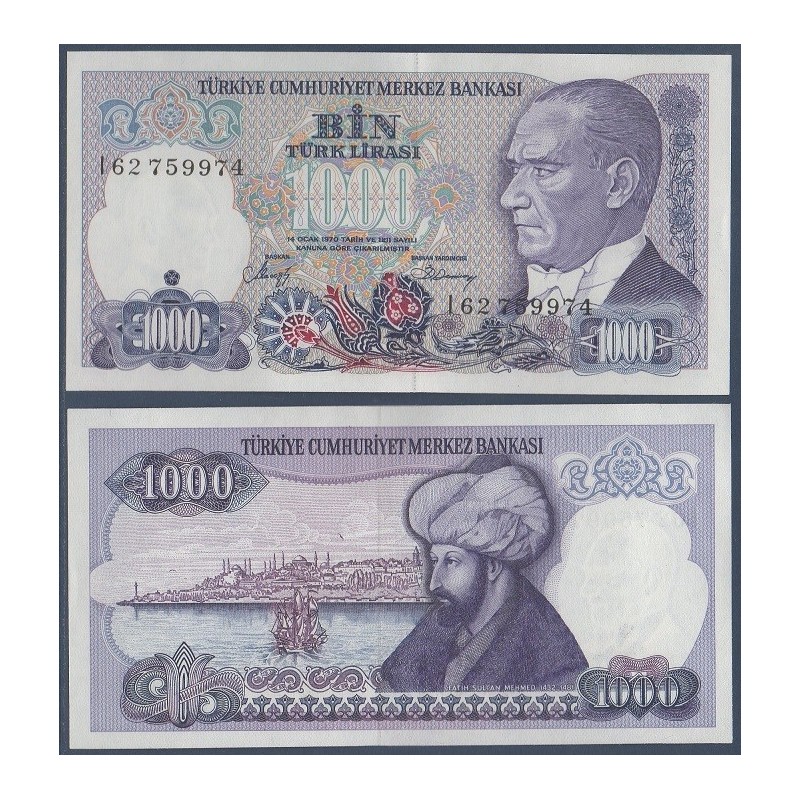 Turquie P.196, neuf Billet de 1000 Lira 1986 Mehmet II