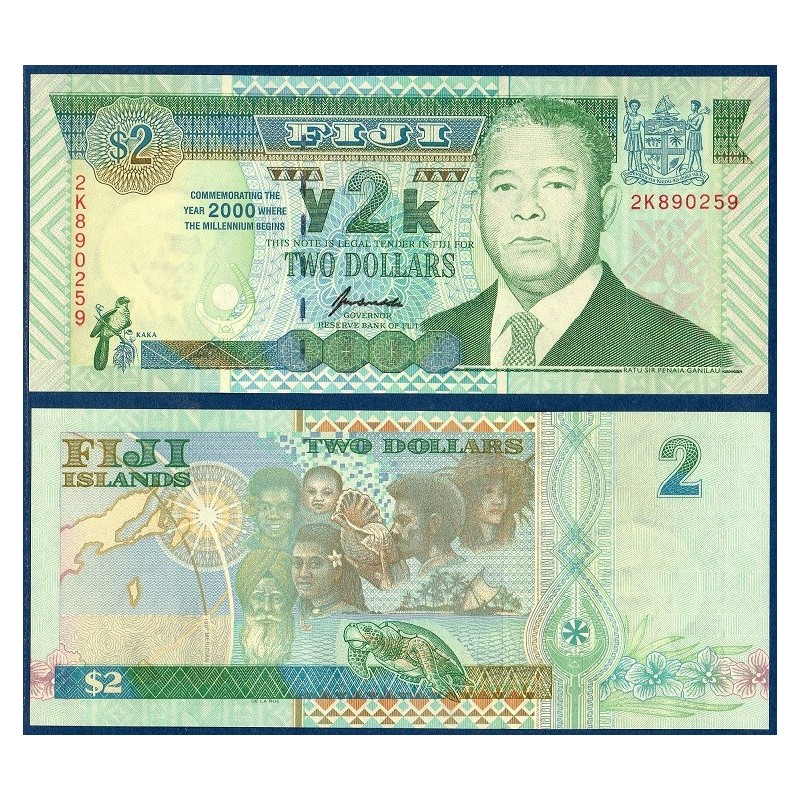 Fidji P.102a, neuf Billet de 2 Dollars 2000 Penaia Ganilau