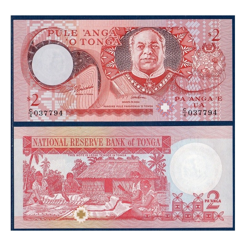 Tonga P.32d, neuf Billet de 2 Pa'anga 1995 Taufa'ahau IV Tupou