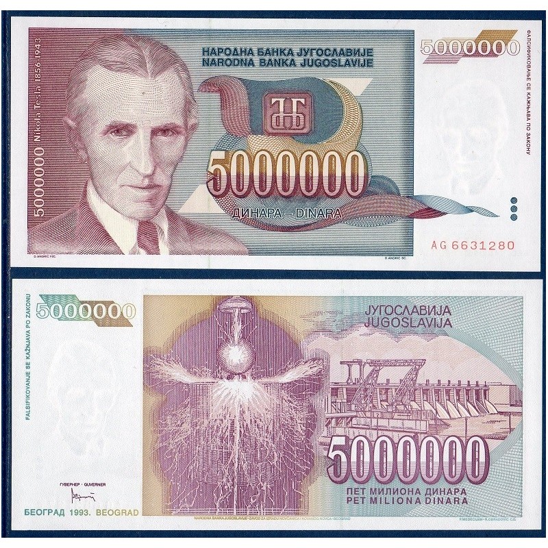 Yougoslavie P.121, neuf Billet de 5.000.000 Dinara 1993 Nikola Tesla