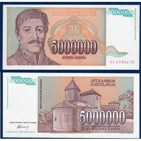 Yougoslavie P.132, neuf Billet de 5.000.000 Dinara 1993 Karadorde Petrovic