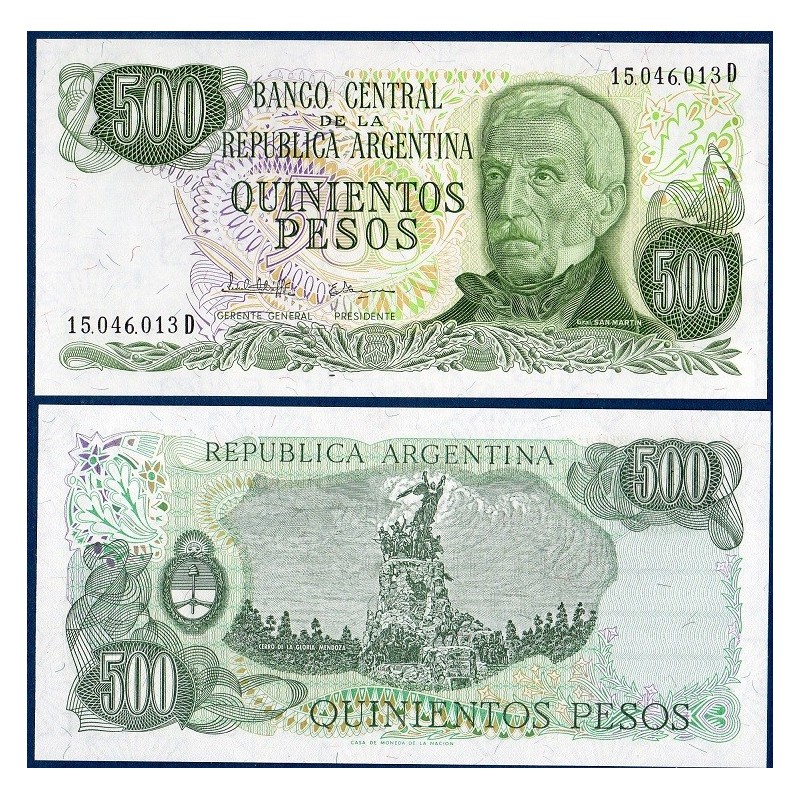 Argentine P.303c, neuf Billet de 500 Pesos 1974-1982 Mendoza