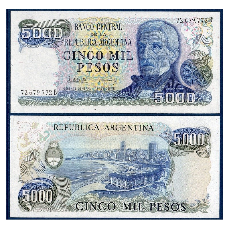 Argentine P.305b, Neuf Billet de 5000 Pesos 1977-1983 Mar del Plata