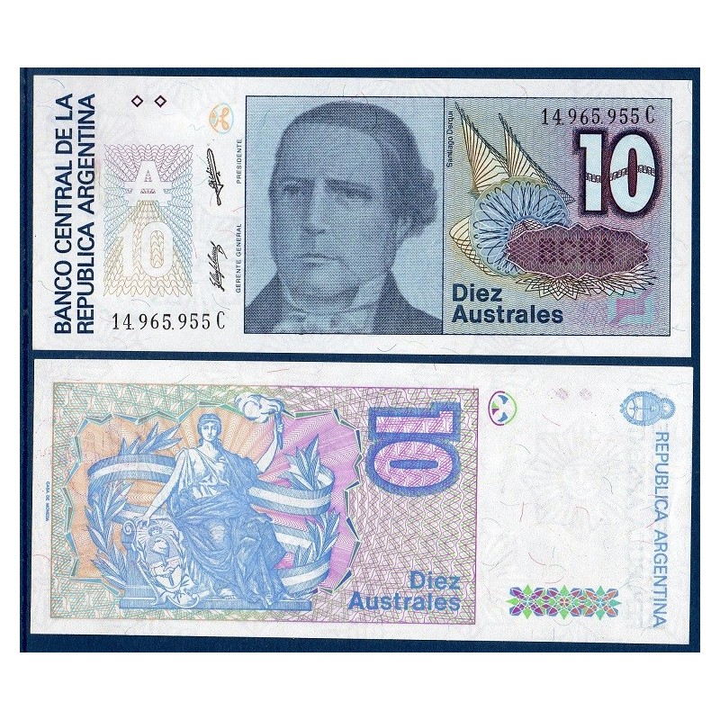 Argentine P.325b, neuf Billet de 10 Australes 1985-1989 Santiago Derqui