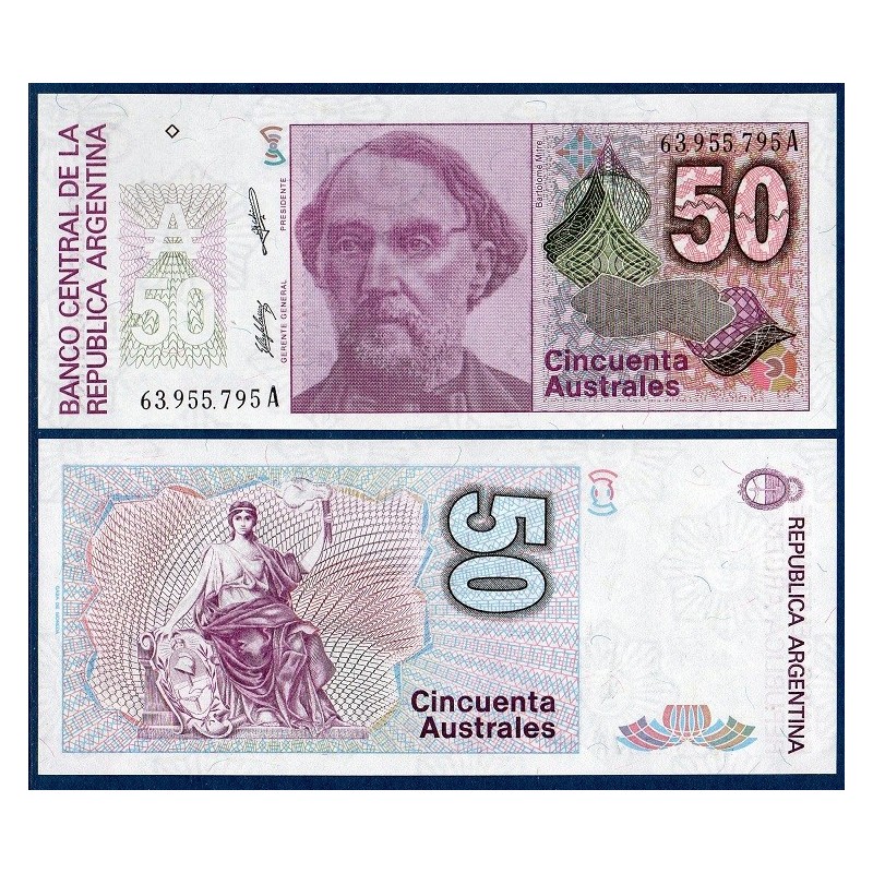 Argentine P.326b, neuf Billet de 50 Australes 1985-1989 Bartolomé Mitre