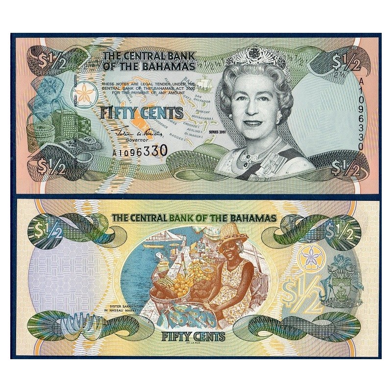 Bahamas P.68, Neuf Billet de 1/2 dollar 50 cents 2001 marché Nassau