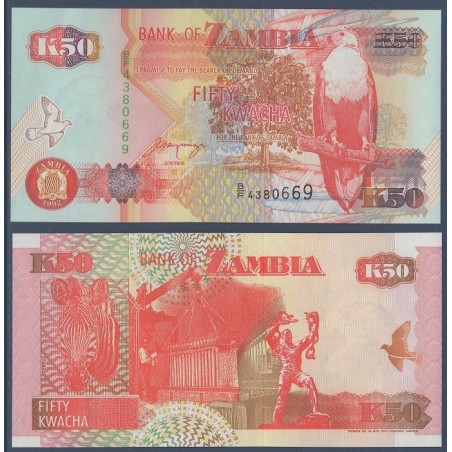 Zambie P.37b, Neuf, Billet de 50 Kwacha 1992 Zèbre