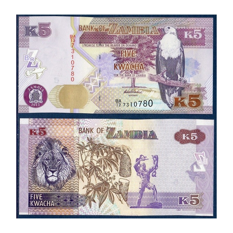 Zambie P.50a, Neuf, Billet de 5 Kwacha 2012 Violet