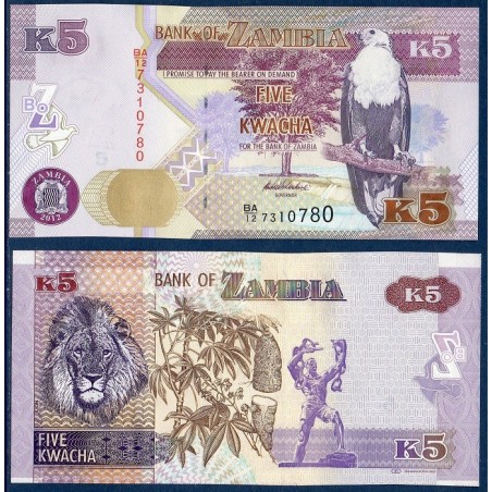 Zambie P.50a, Neuf, Billet de 5 Kwacha 2012 Violet