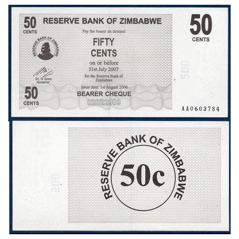 Zimbabwe P.36, Neuf, Billet de 50 Cents 2006 Brun