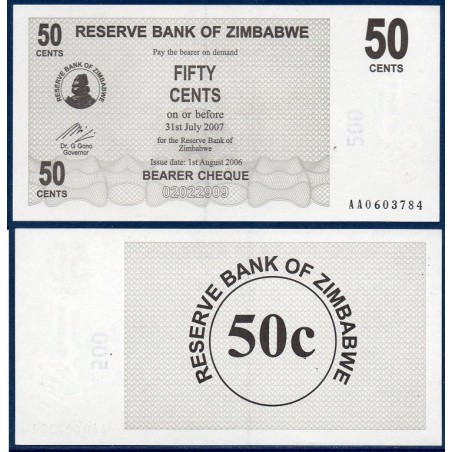 Zimbabwe P.36, Neuf, Billet de 50 Cents 2006 Brun