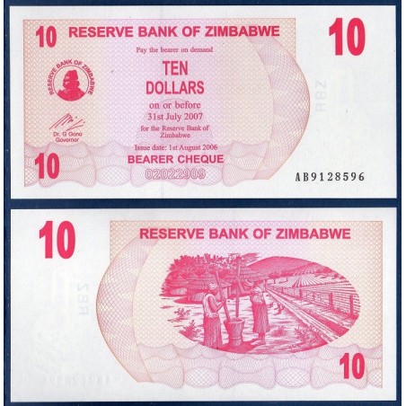 Zimbabwe P.39, Neuf, Billet de 10 Dollars 2006 Magenta