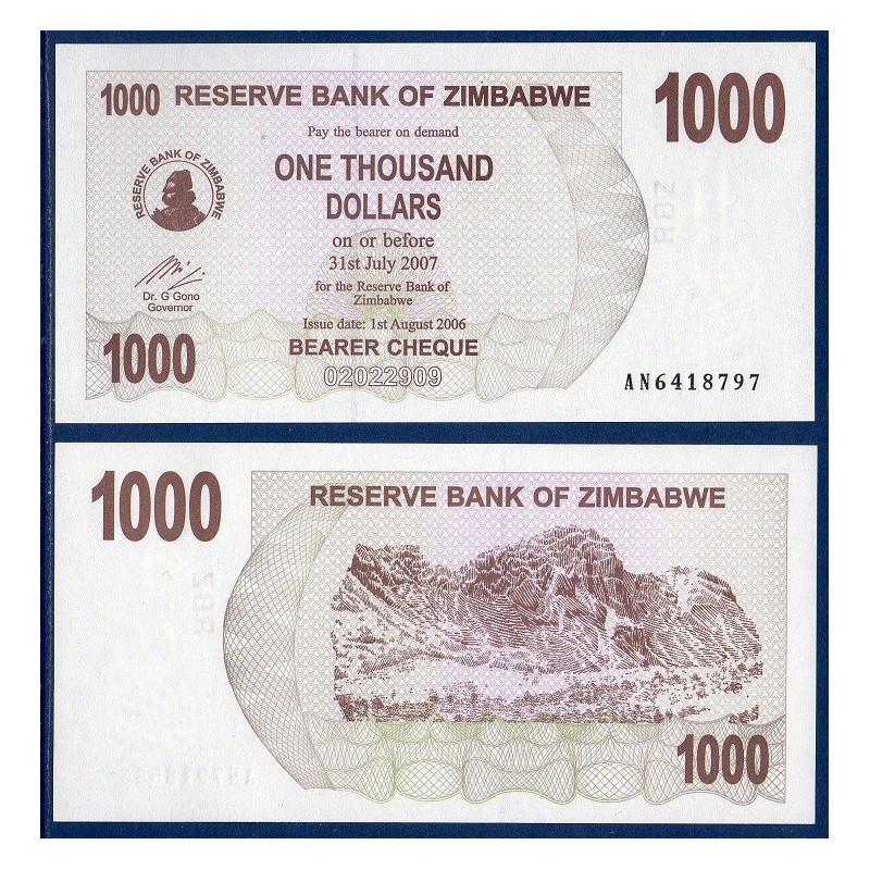 Zimbabwe P.44, Neuf, Billet de 1000 Dollars 2006 Brun