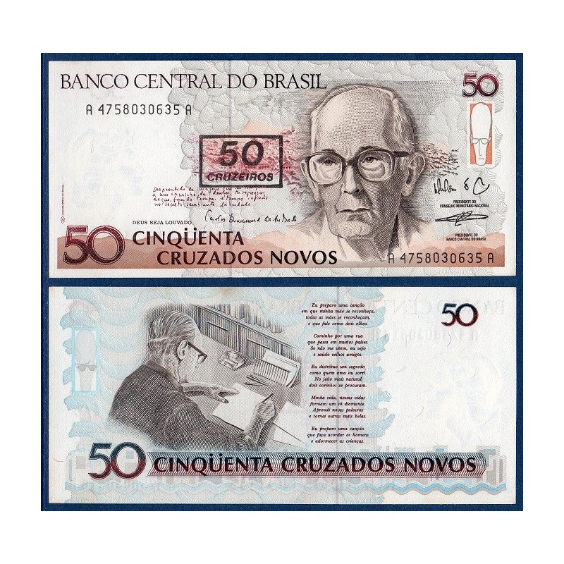 Bresil P.223, neuf Billet de 50 Cruzeiros 1990 Carlos Andrade