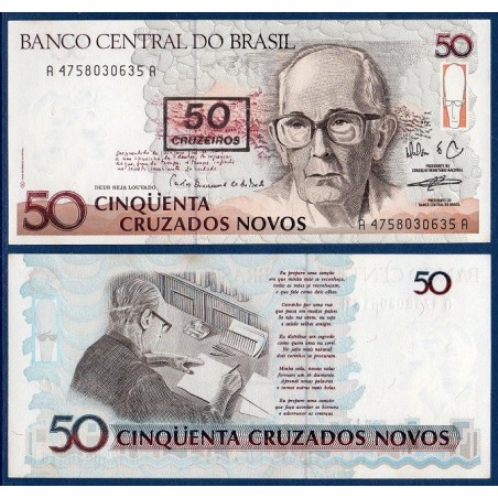 Bresil P.223, neuf Billet de 50 Cruzeiros 1990 Carlos Andrade