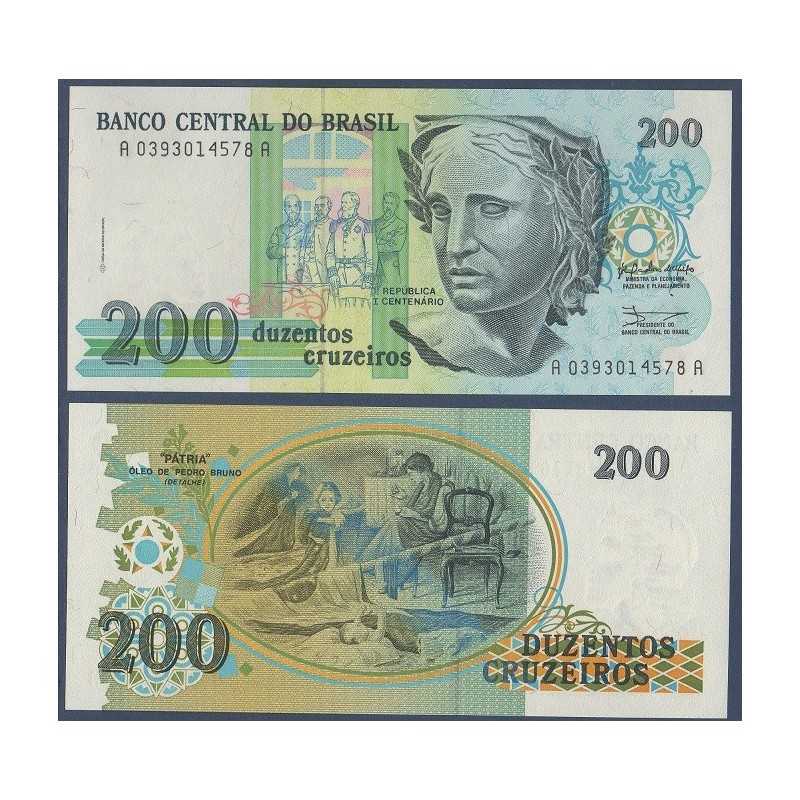 Bresil P.229, neuf Billet de 200 Cruzeiros 1990 république