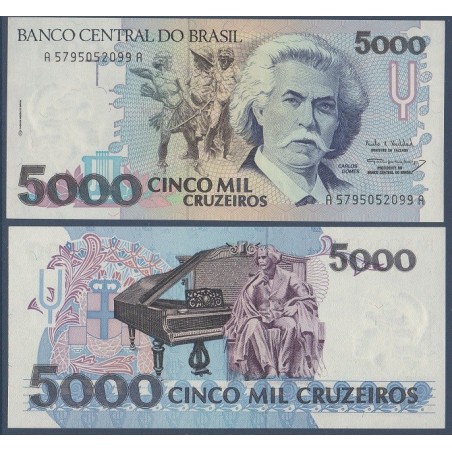 Bresil P.232c, neuf Billet de 5000 Cruzeiros 1993 Carlos Gomes