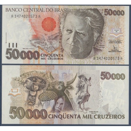 Bresil P.234a, neuf billet de 50000 Cruzeiros 1992 Luis Cascudo