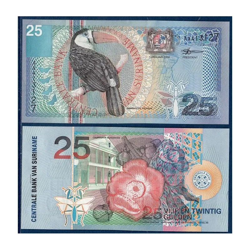 Suriname P.148, Neuf Billet de 25 Gulden 2000 Toucan