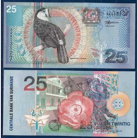 Suriname P.148, Neuf Billet de 25 Gulden 2000 Toucan