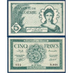 Algérie P.91, Neuf, Billet de 5 Francs 16.11.1942 Allégorie