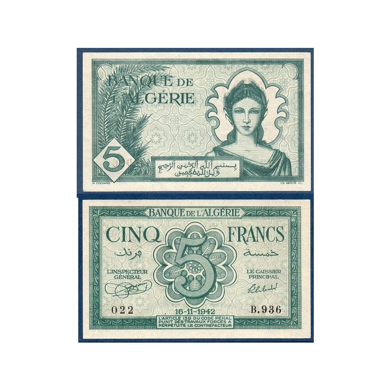 Algérie P.91, Neuf, Billet de 5 Francs 16.11.1942 Allégorie