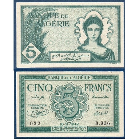 Algérie P.91, Neuf, Billet de 5 Francs 16.11.1942 Allégorie