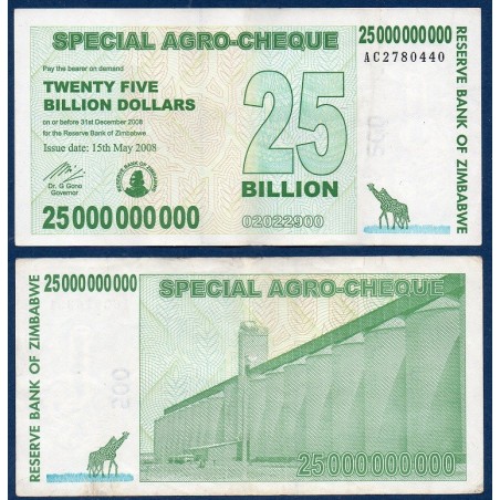 Zimbabwe P.62, TTB, Billet de 25 milliards de Dollars 2008 Silos