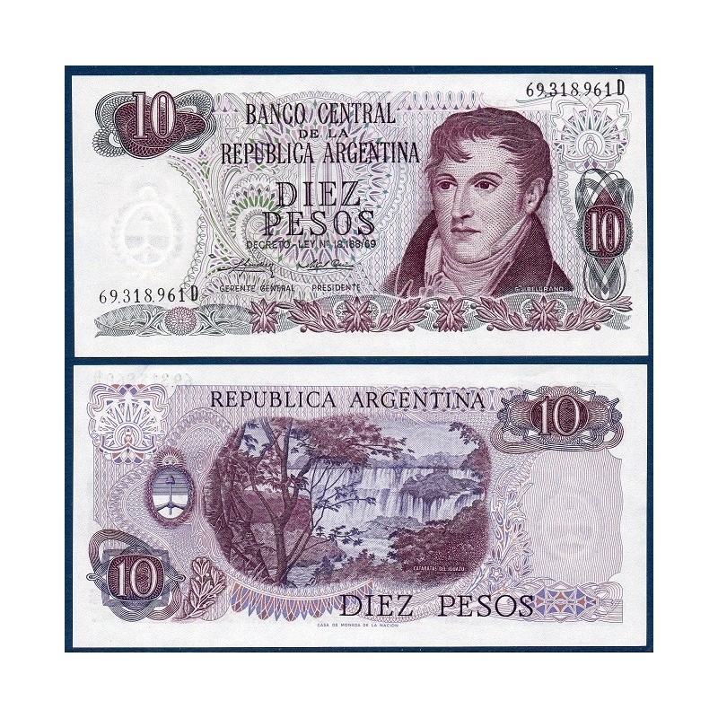 Argentine P.295, neuf Billet de 10 Pesos 1973-1976 Chutes Iguaza