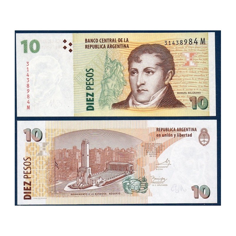 Argentine P.354a, neuf Billet de 10 Pesos 2002-2013 Manuel Belgrano