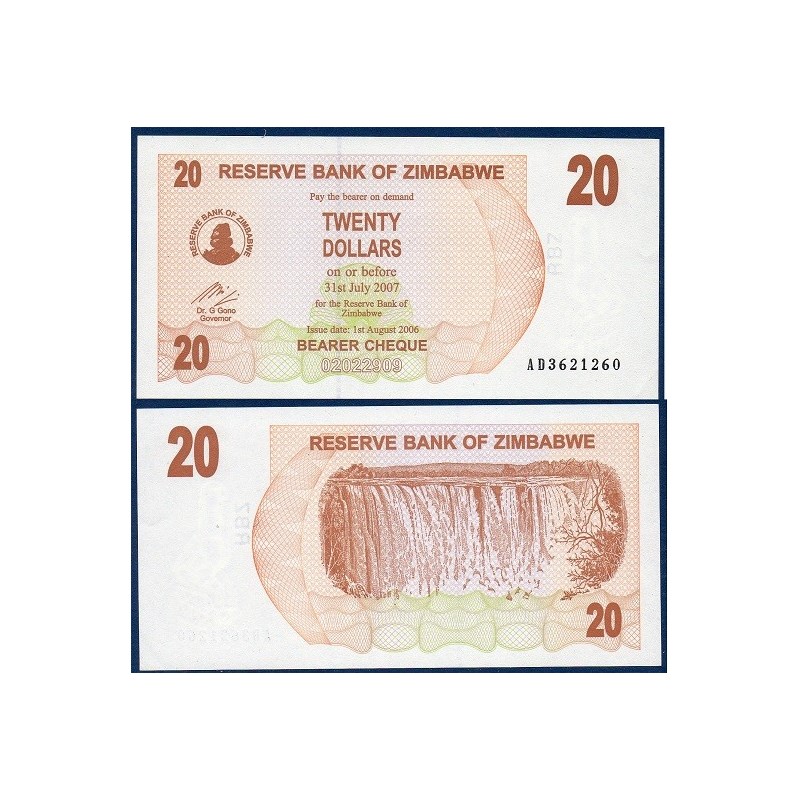 Zimbabwe P.40, Neuf, Billet de 20 Dollars 2006 Bistre