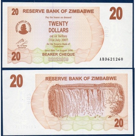 Zimbabwe P.40, Neuf, Billet de 20 Dollars 2006 Bistre