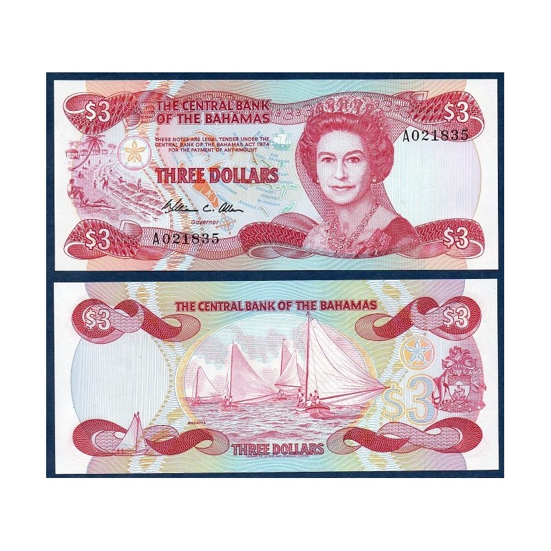 Bahamas P.44a, neuf Billet de 3 dollars 1984 Bateau