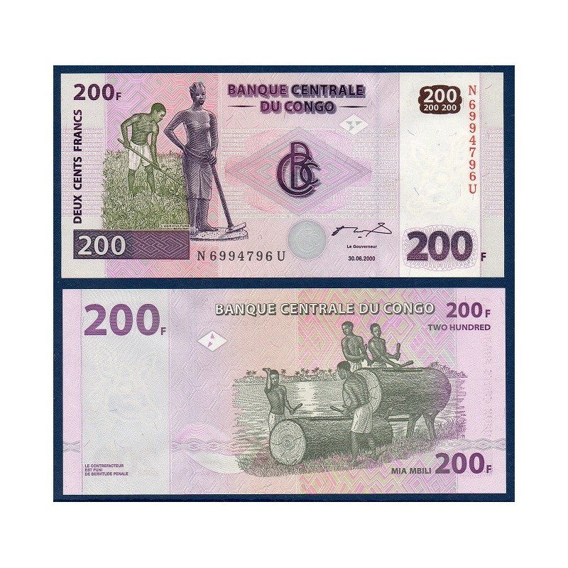 Congo P.95a, Neuf, Billet de 200 Francs 2000 batteurs