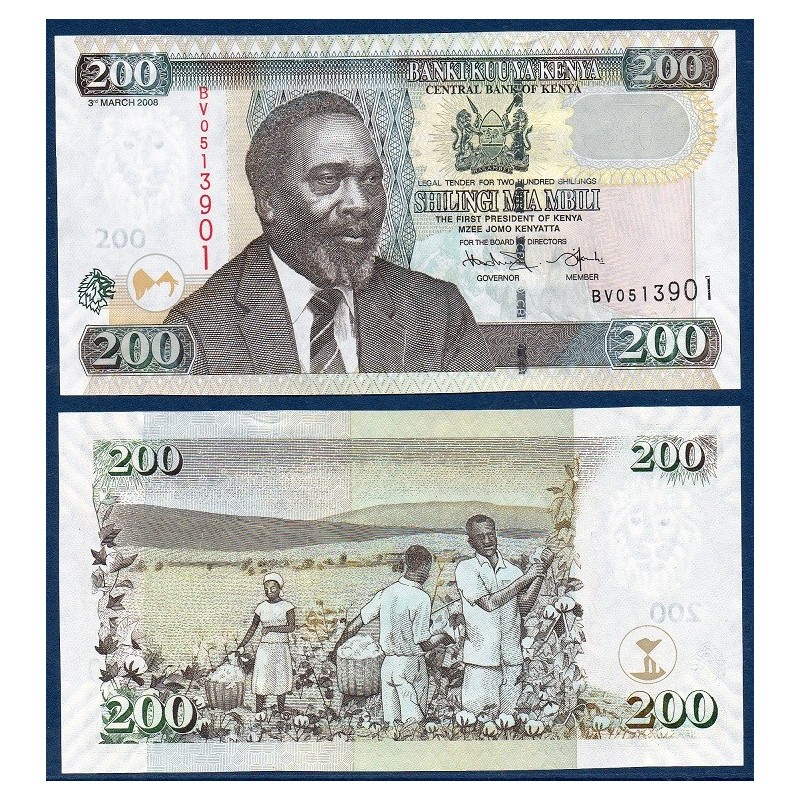 Kenya P.49c, Neuf, Billet de 200 Schillings 2008 Cotonnier