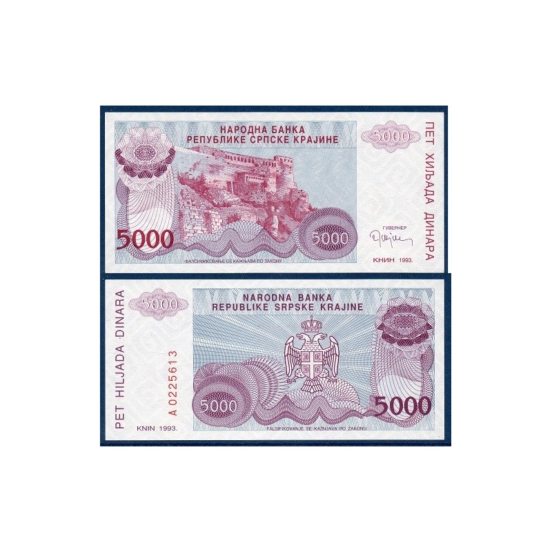 Croatie P.R20a, neuf Billet de 5000 Dinara 1993 fushia Knin